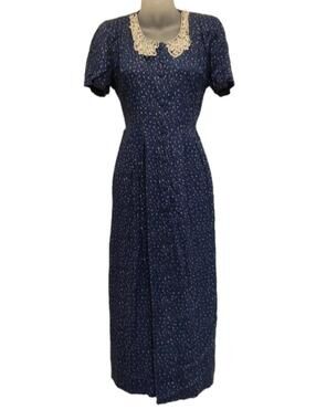 VTG 90s Rayon Floral Dress Lace Collar Button Front Puff Sleeve Sz 8 Blue Floral